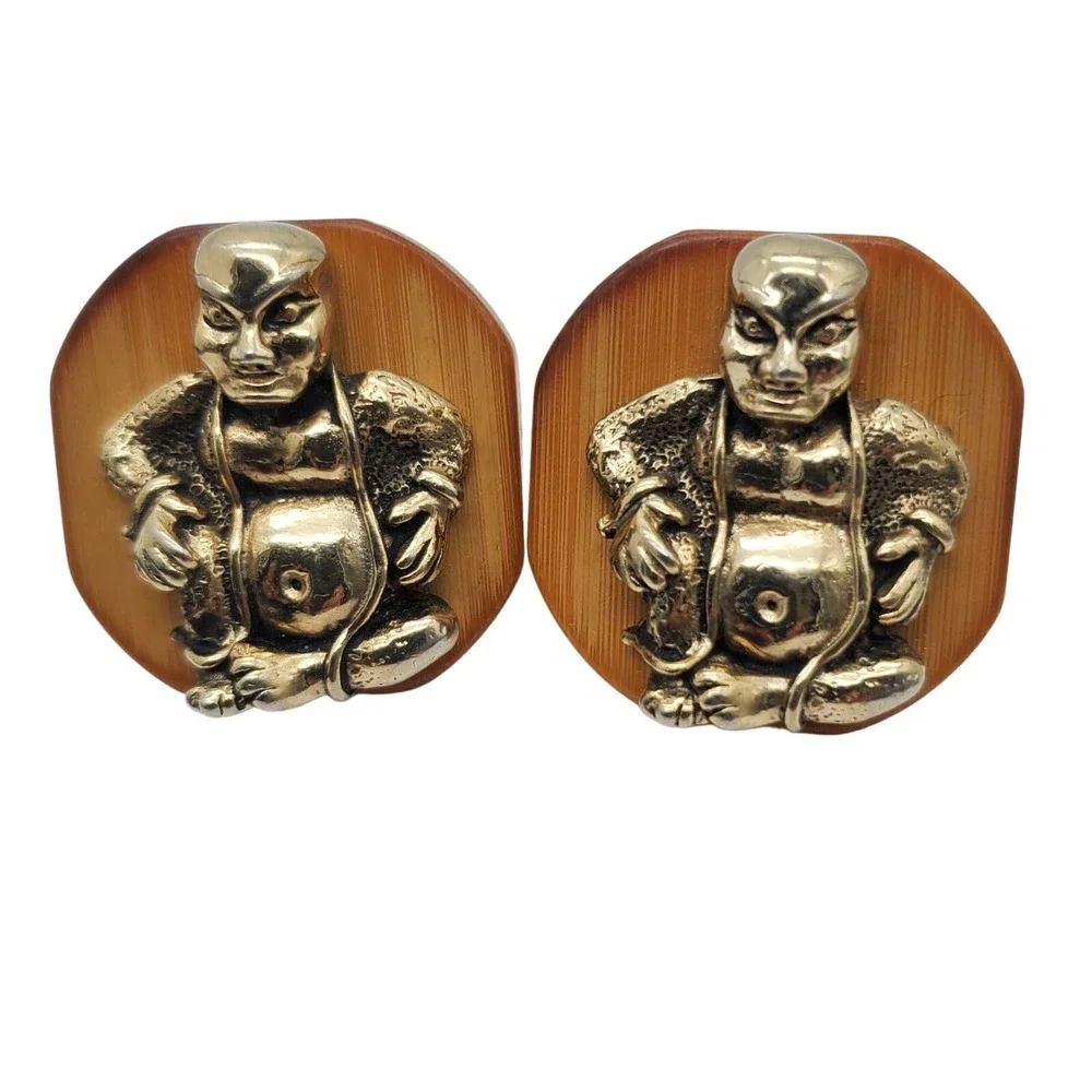 Laughing Buddha Bamboo Cufflinks Swank MCM Figural Cuff Links Vintage Buddhist
